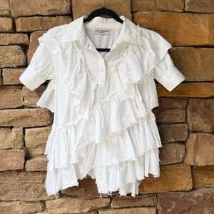 IVAN GRUNDAHL Copenhagen S White Cotton Ruffle Asymmetric Distressed Tunic Shirt